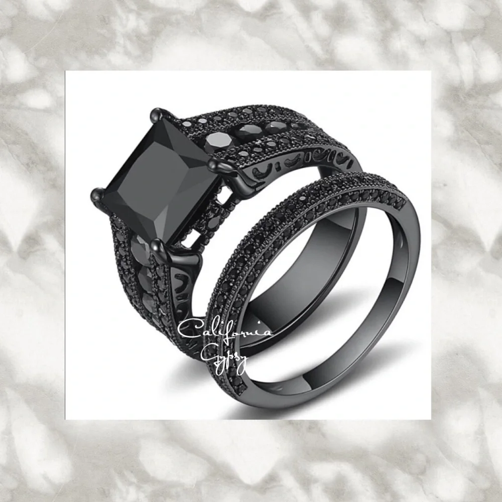 925 Sterling Silver Princess Cut Black Sapphire Ring Set - Picture 7 of 9